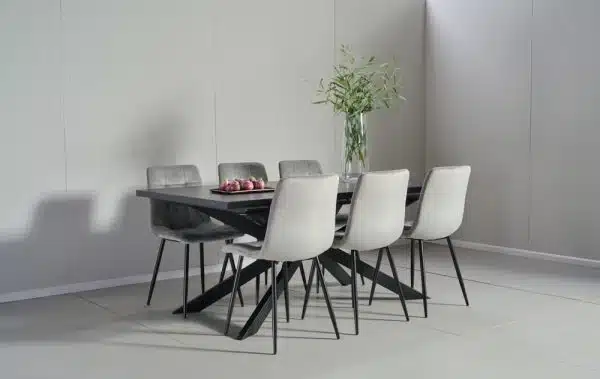 פינת אוכל מלבנית דמוי שיש שחור דגם ספיידר + 6 כסאות דגם סנדרין - 10 סועדים