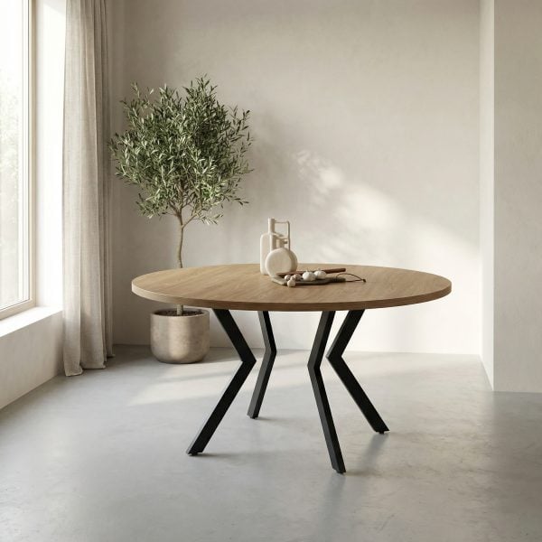 שולחן אוכל עגול נפתח דמוי עץ טבעי דגם אלמוס - 8 סועדים