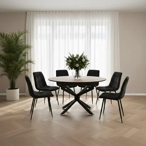 פינת אוכל עגולה נפתחת דמוי עץ טבעי דגם לונה + 6 כסאות - 8 סועדים