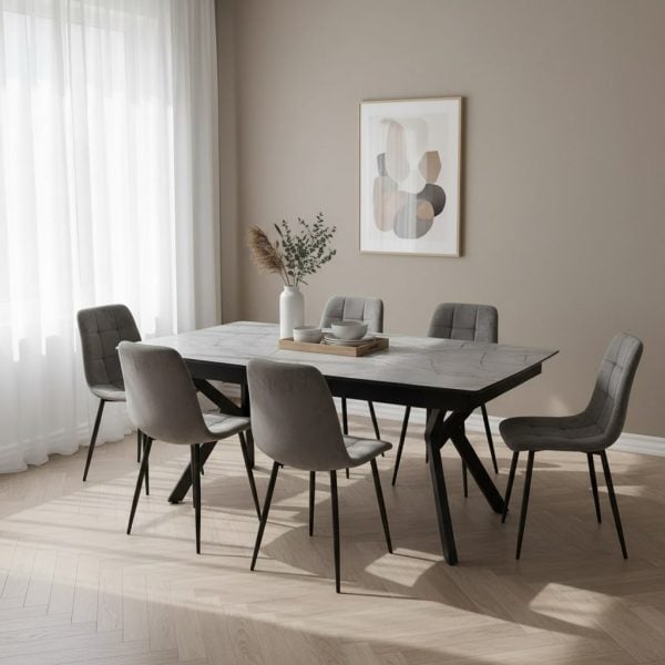 פינת אוכל מלבנית דמוי שיש אפור מוזהב דגם אייקון + 6 כסאות - 14 סועדים