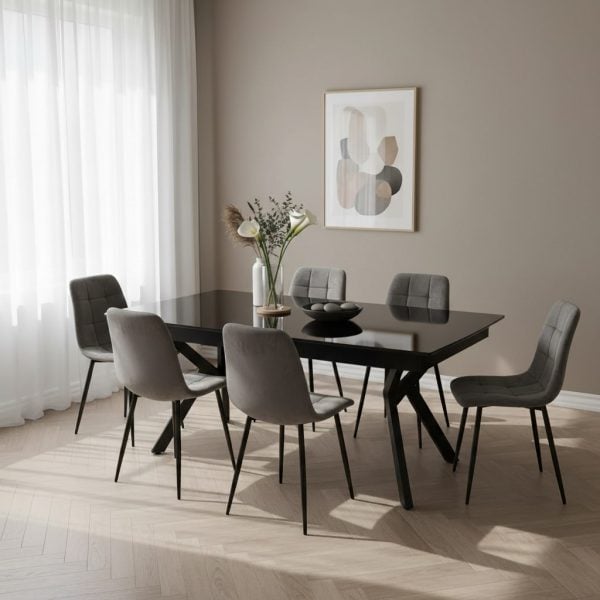 פינת אוכל מלבנית דמוי שיש שחור מבריק דגם אייקון + 6 כסאות - 14 סועדים