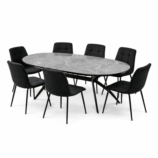 פינת אוכל אובלית דגם סורינו דמוי שיש אפור מבריק + 6 כסאות - 14 סועדים