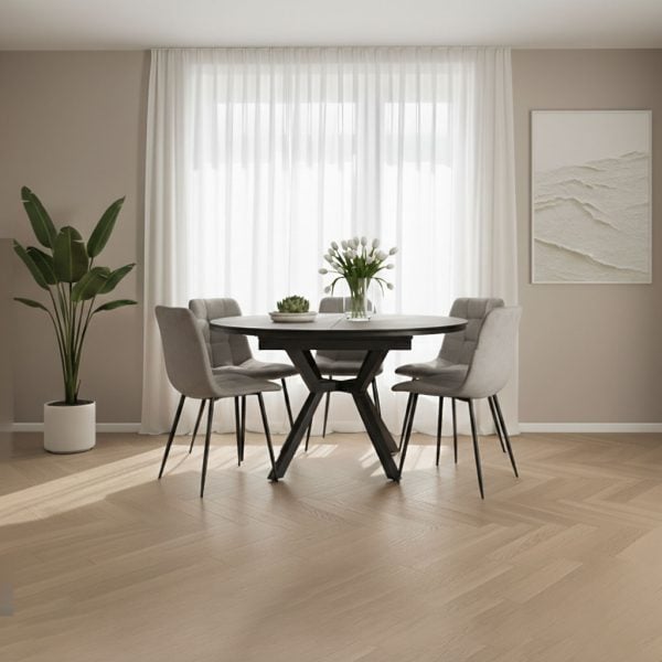 פינת אוכל עגולה נפתחת דמוי בטון דגם לונגו + 6 כסאות - 10 סועדים