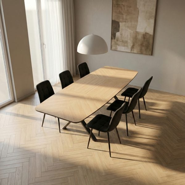 פינת אוכל אליפסה דמוי עץ טבעי דגם סולאן + 6 כסאות דגם סנדרין - 12 סועדים