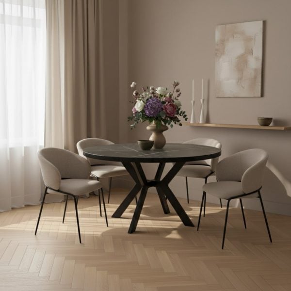 פינת אוכל עגולה נפתחת דמוי שיש שחור דגם לונגו + 6 כסאות סנדרין - 10 סועדים