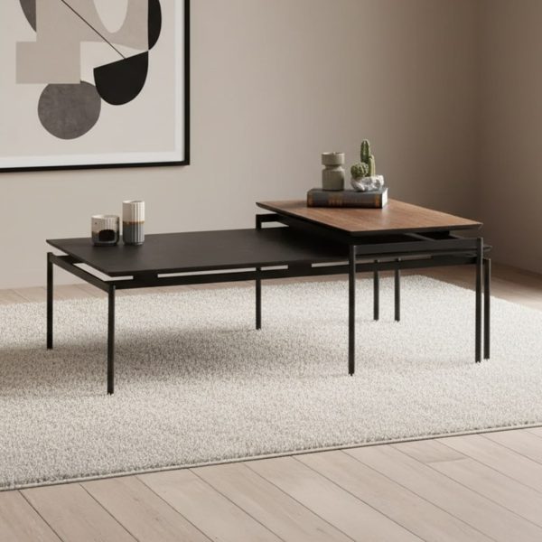 סט שולחנות מעוצב לסלון דמוי אגוז אמריקאי דגם מונקו