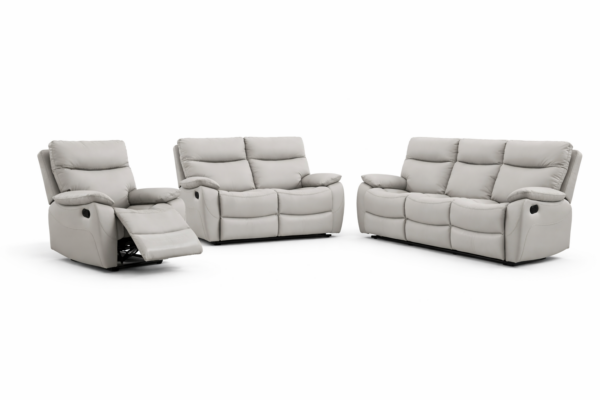 מערכת ישיבה עם ריקליינרים 3+2+1 דגם פיטארו בדמוי עור אפור בהיר