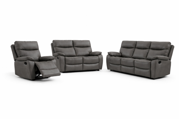 מערכת ישיבה עם ריקליינרים 3+2+1 דגם פיטארו בדמוי עור אפור כהה