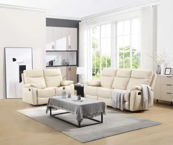 מערכת ישיבה דגם פיטארו עם ריקליינרים 3+2 בדמוי עור בז'