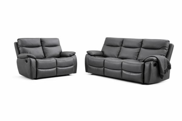 מערכת ישיבה דגם פיטארו עם ריקליינרים 3+2 בדמוי עור אפור כהה