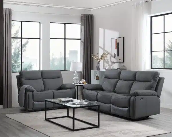 מערכת ישיבה 3+2 עם ריקליינרים חשמליים דגם איקארו דמוי עור אפור כהה