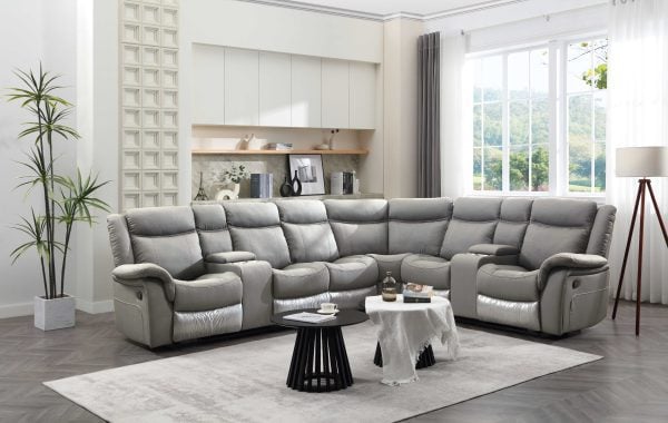 סלון פינתי מודולרי עם ריקליינרים דגם סינימה דמוי עור - אפור בהיר