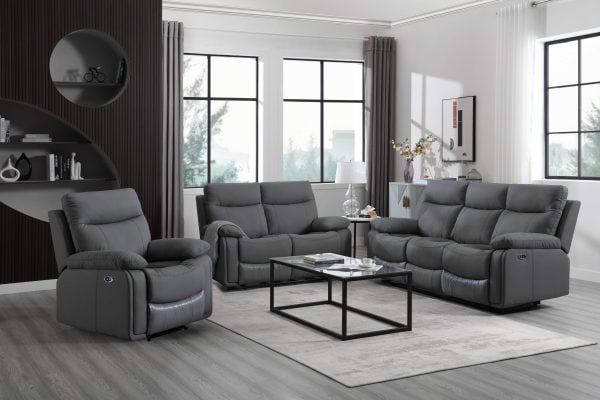 מערכת ישיבה 3+2+1 עם ריקליינרים חשמליים דגם איקארו דמוי עור אפור כהה