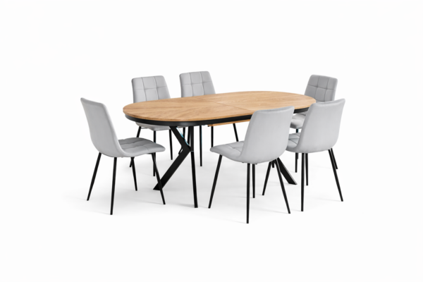 פינת אוכל אליפסה נפתחת אלון טבעי דגם מונזו + 6 כסאות - 10 סועדים