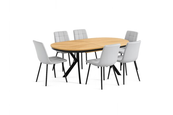 פינת אוכל אליפסה נפתחת אלון טבעי דגם מונזו + 6 כסאות - 10 סועדים