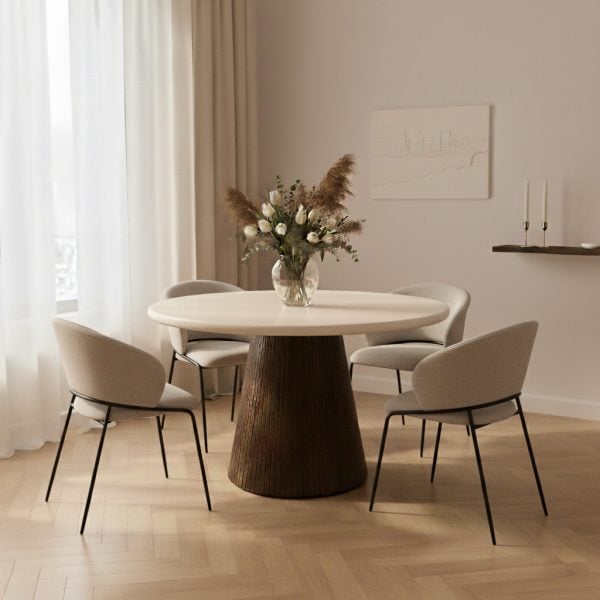 פינת אוכל עגולה דגם ראונדי בצבע שמנת + 6 כסאות