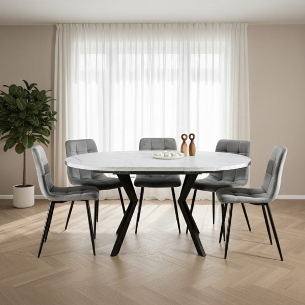 פינת אוכל עגולה נפתחת דמוי שיש לבן דגם אלמוס + 6 כסאות - 8 סועדים