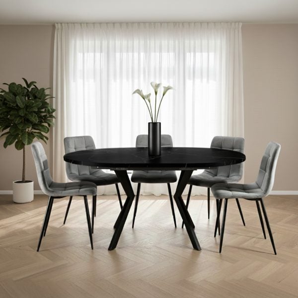 פינת אוכל עגולה נפתחת דמוי שיש שחור דגם אלמוס + 6 כסאות - 8 סועדים