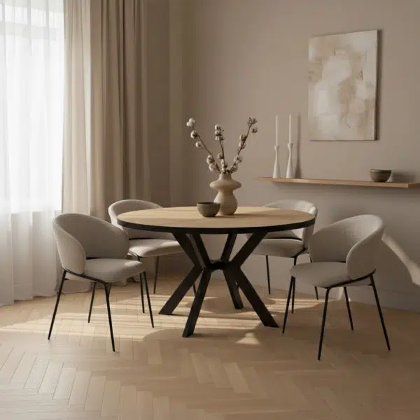 פינת אוכל עגולה נפתחת דמוי עץ טבעי דגם לונגו + 6 כסאות סנדרין - 10 סועדים