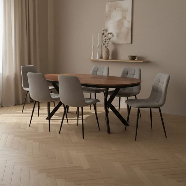 פינת אוכל אליפסה נפתחת אגוז אמריקאי דגם מונזו + 6 כסאות - 10 סועדים