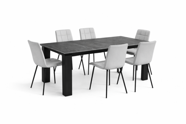 פינת אוכל קרמיקה דמוי שיש שחור דגם טאירון + 6 כסאות דגם סנדרין - 12 סועדים