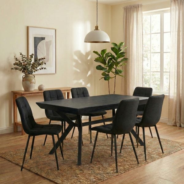 פינת אוכל מלבנית דמוי בטון שחור דגם רוגן + 6 כסאות - 16 סועדים