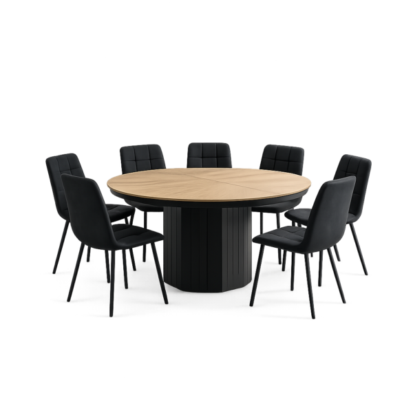 פינת אוכל עגול נפתחת ל3.30 מ' דמוי אלון טבעי דגם פלאנט + 6 כסאות - 16 סועדים