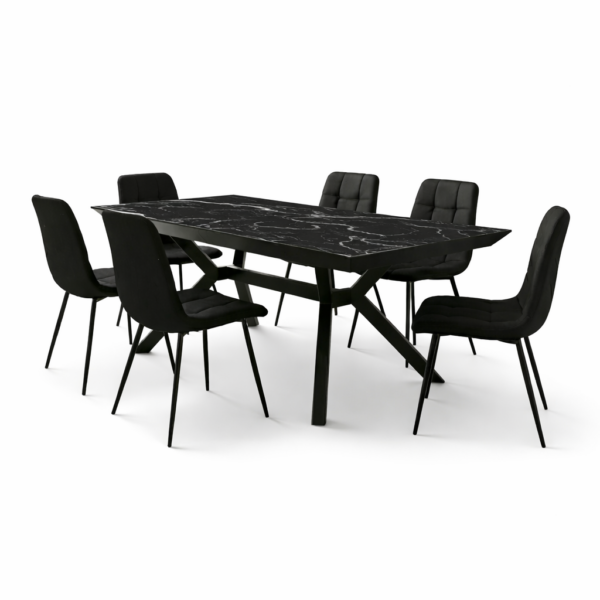 פינת אוכל דגם סייבר דמוי שיש שחור + 6 כסאות - 16 סועדים