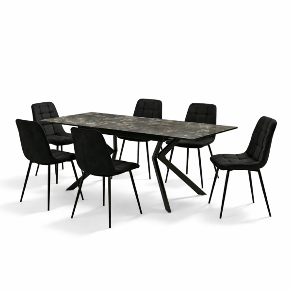 פינת אוכל דגם פלינו דמוי שיש שחור + 6 כסאות