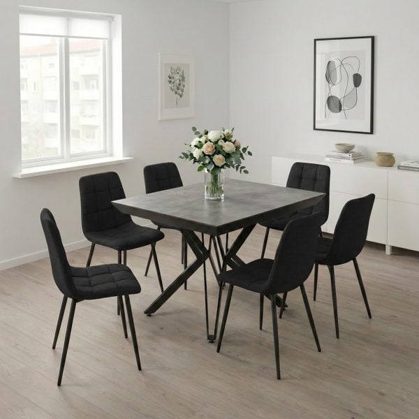 פינת אוכל מרובעת נפתחת דגם אקובה דמוי בטון + 6 כסאות - 12 סועדים