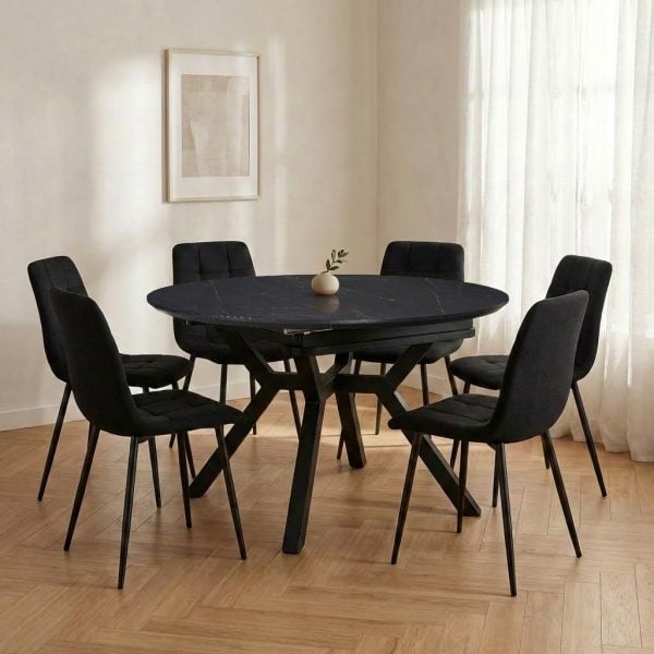 פינת אוכל דגם ברונו דמוי שיש שחור + 6 כסאות - 12 סועדים