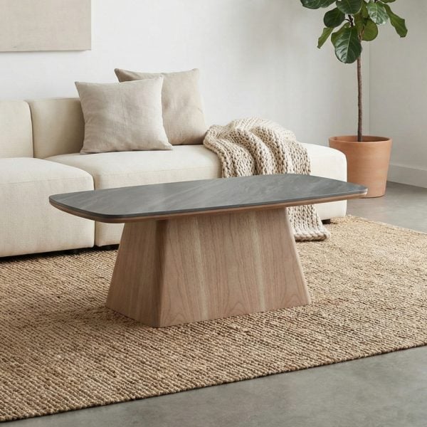 שולחן סלון דגם גליס – קרמיקה אפור כהה בציפוי אגוז אמריקאי