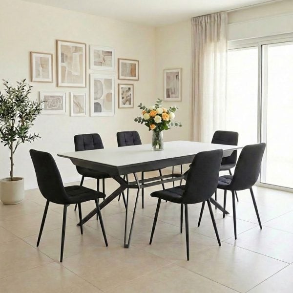 פינת אוכל דגם נוברטו דמוי שיש לבן + 6 כסאות - 18 סועדים