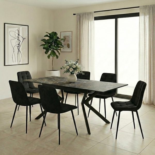 פינת אוכל דגם פלינו דמוי שיש שחור + 6 כסאות