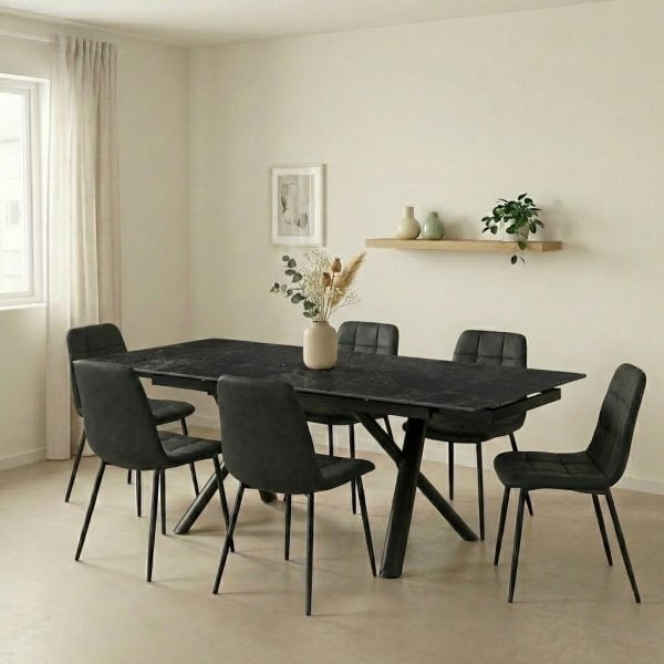 פינת אוכל דגם ראדו דמוי שיש שחור + 6 כסאות - 10 סועדים