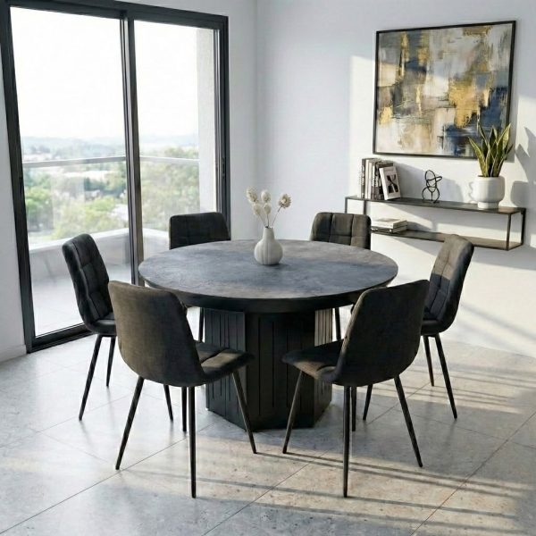 פינת אוכל עגולה נפתחת דגם טרוסה דמוי בטון + 6 כסאות - 16 סועדים