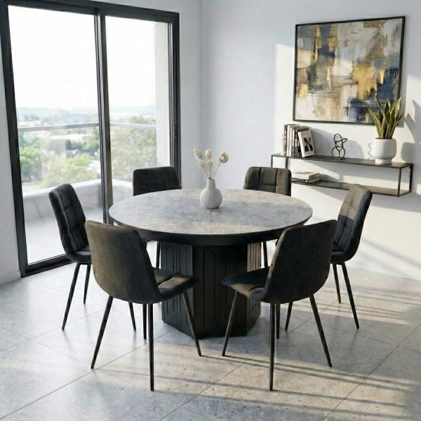 פינת אוכל עגולה נפתחת דגם טרוסה דמוי אבן אפור + 6 כסאות - 16 סועדים