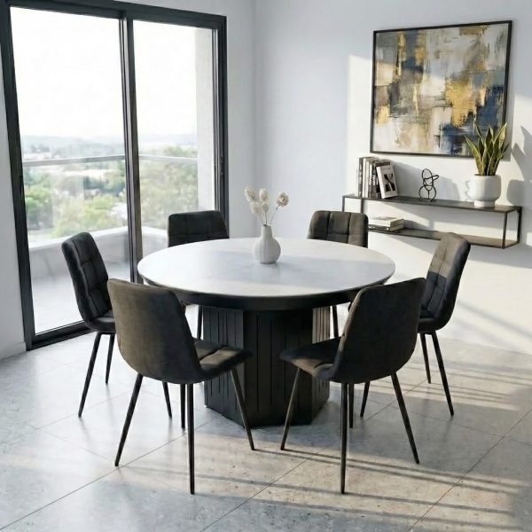 פינת אוכל עגולה נפתחת דגם טרוסה דמוי שיש לבן + 6 כסאות - 16 סועדים