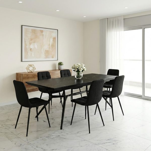 פינת אוכל דגם ורנו דמוי שיש שחור + 6 כסאות - 18 סועדים