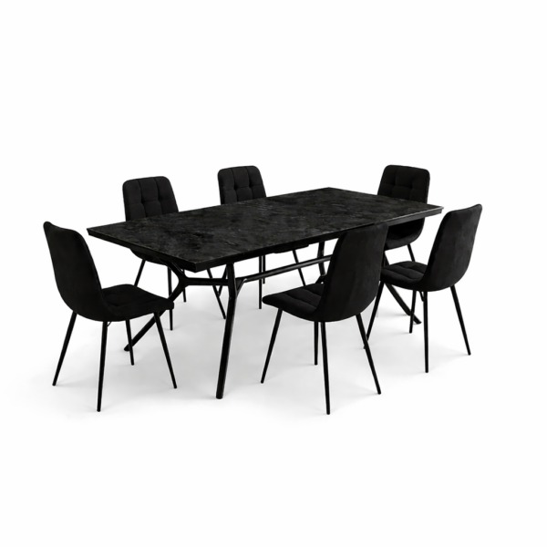 פינת אוכל דגם ורנו דמוי שיש שחור + 6 כסאות - 18 סועדים