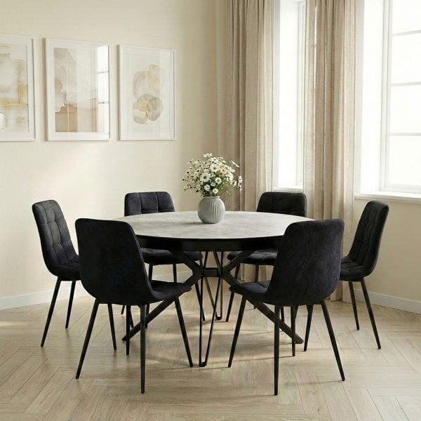 פינת אוכל עגולה נפתחת דגם קסטלו דמוי אבן אפור + 6 כסאות - 10 סועדים